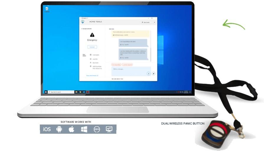 Laptop opne with TeamAlert aplication open on screen. Dual Wireless Panic Buttons on a lanyard is pictured beside the laptop. TeamAlert software works with iOS, Android, Apple, Windows, e911, and computers.