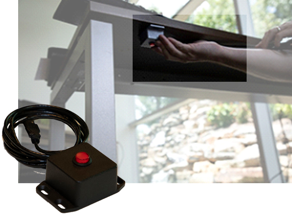 Panic button hardware and an image of the panic button hardware mounter underneath a desk and someone pressing the button