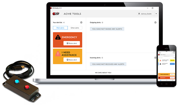 Laptop open wiht the TeamALert application oopen on the screen. A cell phone with the TeamAlert application open on the screen. Panic button hardware is pictured to the side of the laptop.