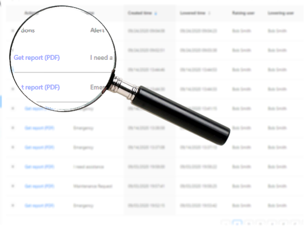 Image of a pdf of the alert history with a magnifying glass highlighting the pdf files for each alert that can be viewed and downloaded