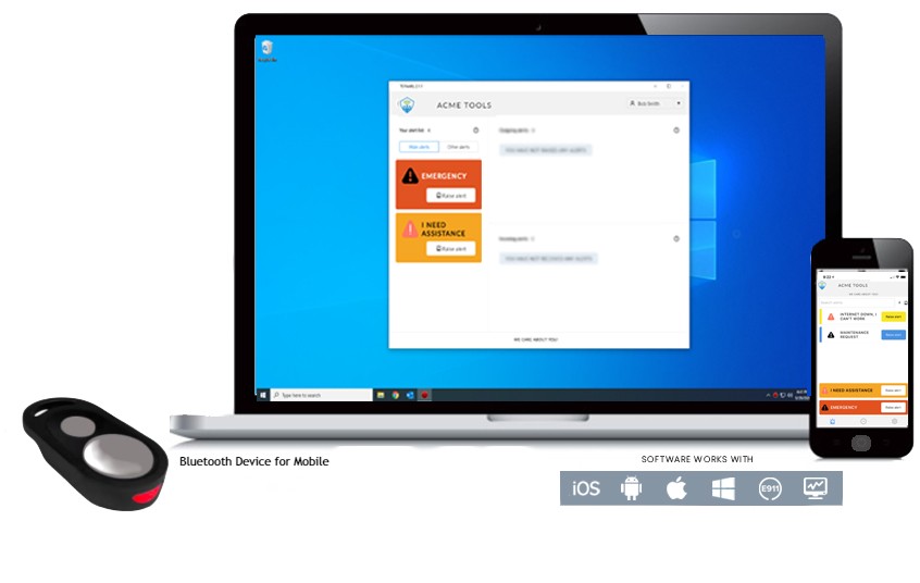 Laptop opened with TeamAlert application open on the screen. Dual USB Panic Button and cell phone with TeamAlert application open on screen pictured on either side of laptop. TeamAlert software works with iOS, Android, Apple, Windows, e911, and computers