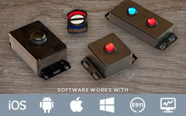 Many choices of hardware. Hardware items pictured are the High-Level Wireless Panic Button, Silent Panic Button, Wireless Panic Button, and USB Powered Panic Button. TeamAlert Software works with iOS, Android, Apple, Windows, e911, and computers