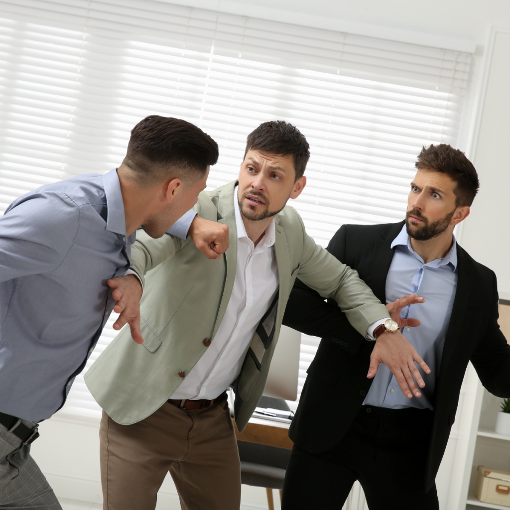 Workplace Violence Statistics. Man interrupting fight at workplace