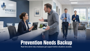 Employee using a silent alert system to request help during an escalating workplace safety situation. Workplace Violence Prevention