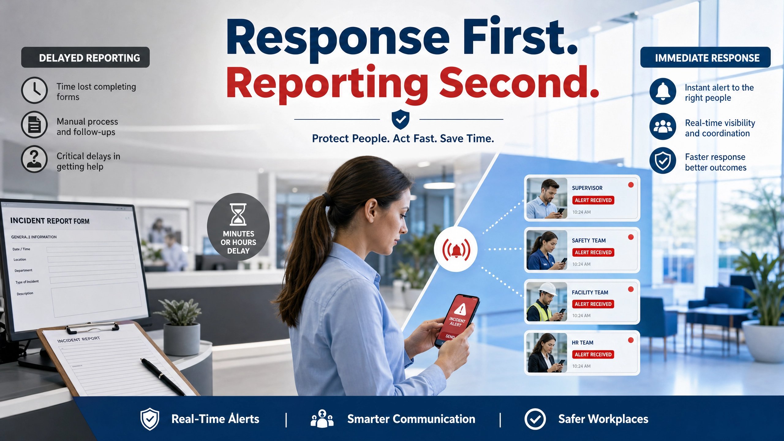 Employee using a real-time alert system during a workplace emergency instead of relying only on incident reporting