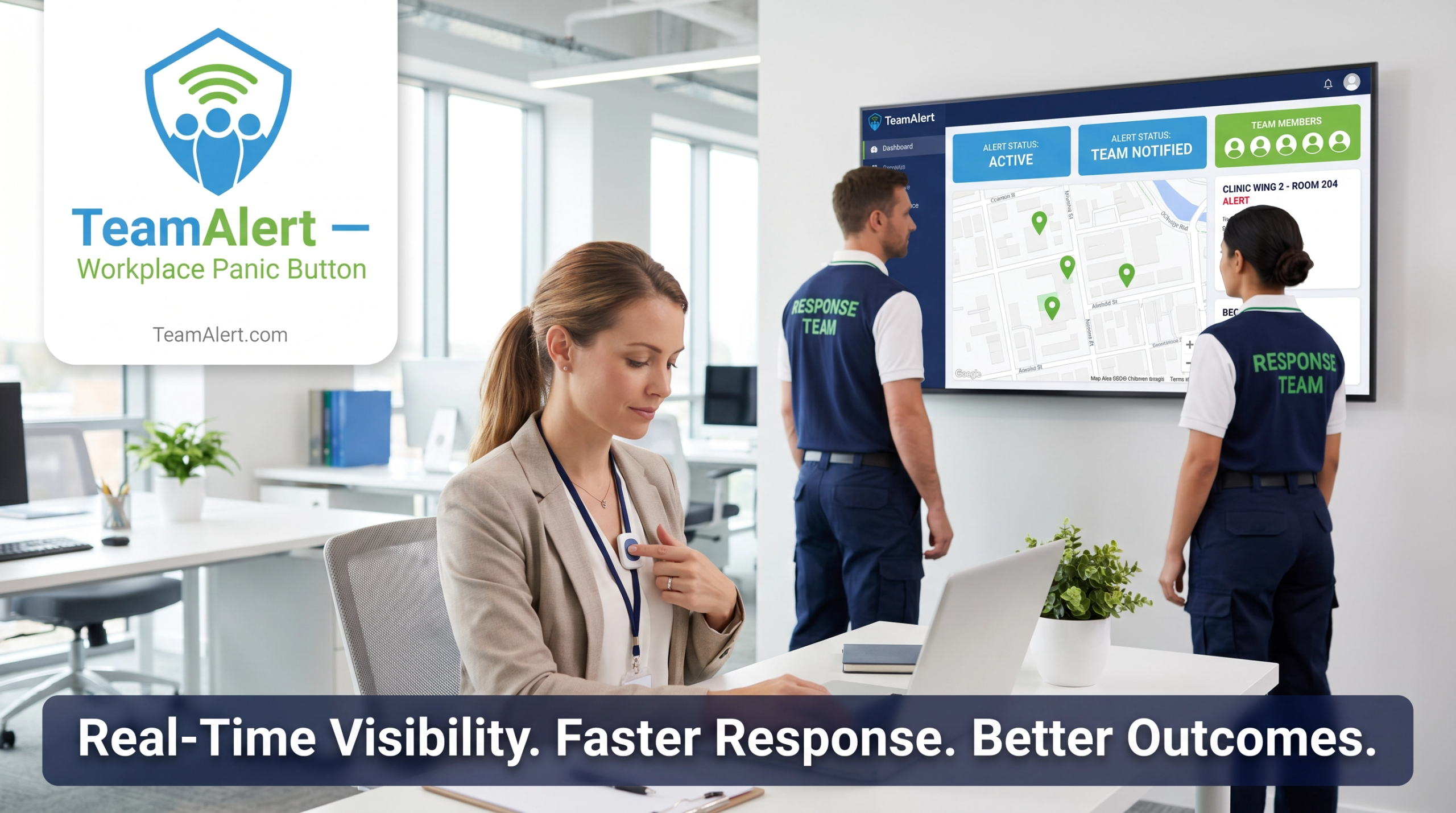 Employee using a real-time alert system to improve emergency visibility and workplace response coordination.